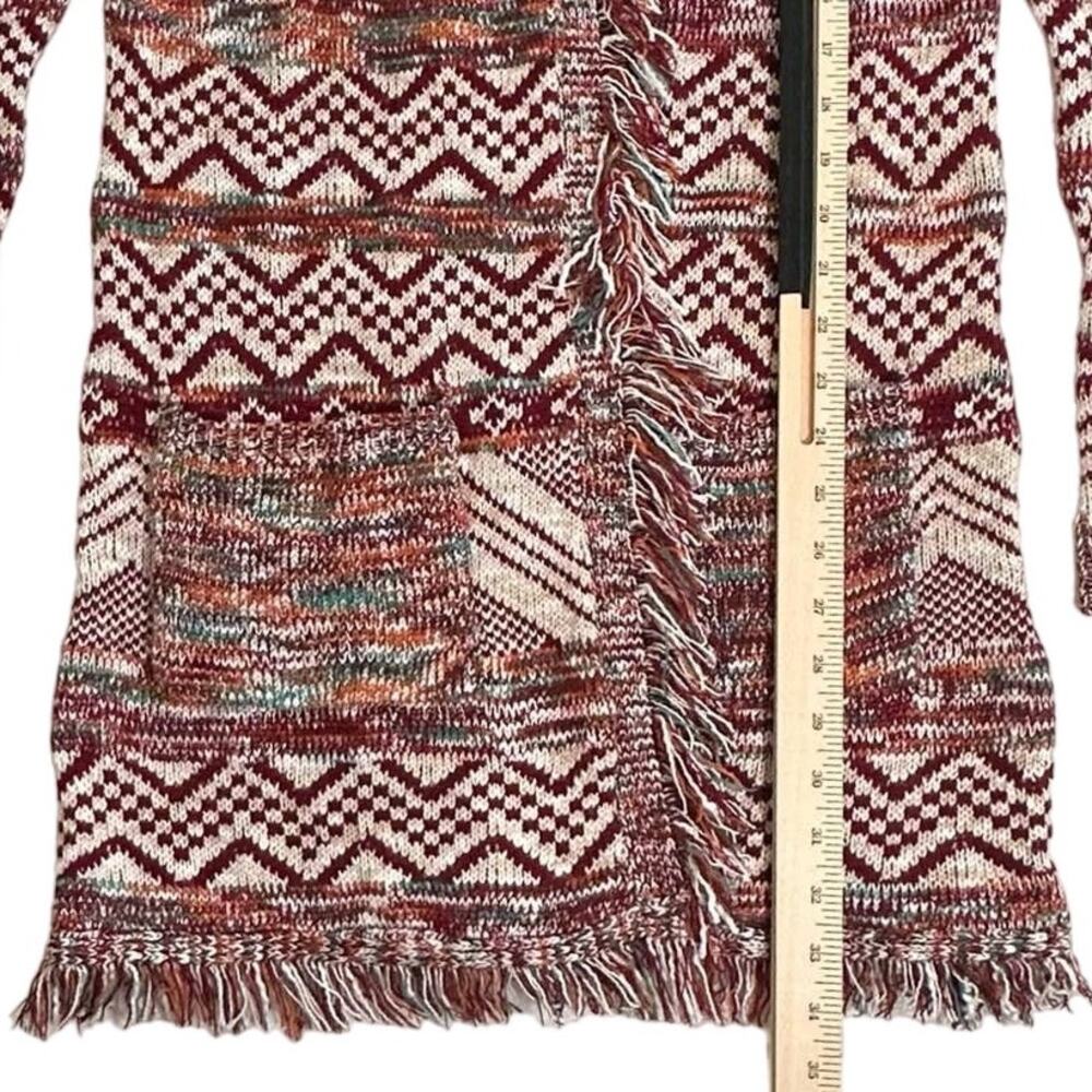 New Direction Womens Open Front Cardigan Sweater Medium Burgundy Aztec Fringe - Picture 7 of 7